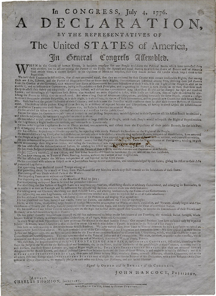 The Declaration of Independence, printed by Peter Timothy, Charleston, South Carolina, August 1776 (The Gilder Lehrman Institute, GLC000959)