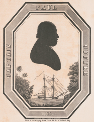 Silhouette of Paul Cuffe, above a ship docked in a tropical region, possibly Sierra Leone, ca. 1812 (Library of Congress)
