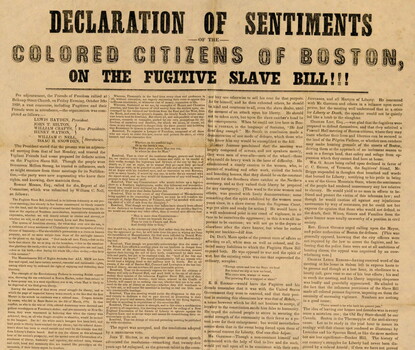 A letter with the phrase "Declaration of sentiments of the colored citizens of Boston, on the fugitive slave bill" at top in large type.
