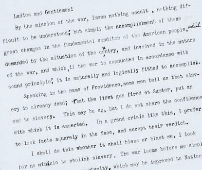A typewritten speech entitled "The Mission of the War"