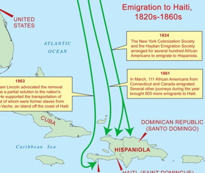 Map of the Caribbean, focused on Haiti, with arrows noting migratory trends from North America to Haiti, l'Il-a-Vache, and Hispaniola.