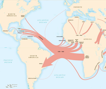 A map of the world, with arrows indicating movement of enslaved people out of Africa, with varying thickness for the number of enslaved people arriving at that location.