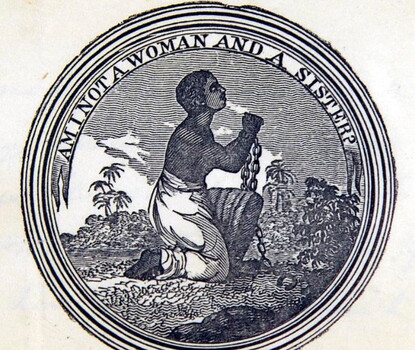 A circular seal of a woman with wrists in chains kneeling, with her plea above: "Am I Not a Woman and a Sister?"