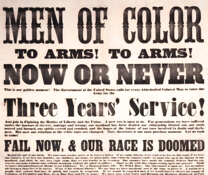 Broadside with text of varying sizes. On the top it reads in all capital letters, "MEN OF COLOR; TO ARMS! TO ARMS!; NOW OR NEVER."