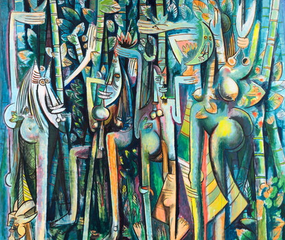 An abstract painting of people in masks with oversized hands and feet.