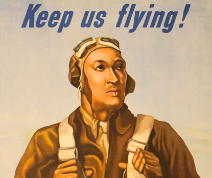 A poster with a drawing of a Black aviator wearing a brown uniform and gray flight vest. Above the aviator is the phrase "Keep us flying!" in italics. Below is "BUY WAR BONDS" in a blue box.